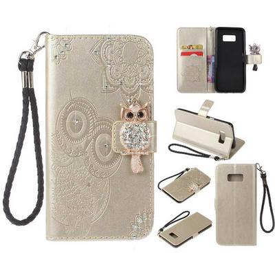 Wrist Strap PU Leather + Soft TPU Card Holder with Wallet Stand Support and Diamond Studded Owl Magnetic Buckle Case for Samsung Galaxy S8 / G9500 - Gold