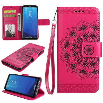 Embossed Pattern Chinese National Style Side Flip PU Leather + Soft TPU Card Slots with Hand Rope and Picture Frame Wallet Protective Case for Samsung Galaxy S8 / G9500 - Rose Red