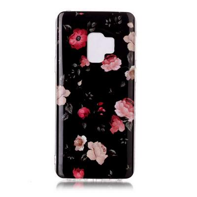 Color Painting Marble Pattern Soft TPU Back Cover Case for Samsung Galaxy S9 - Black Red Flower