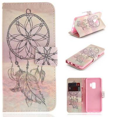 Color Painted Side Flip PU Leather + Soft TPU Card Slots with Magnetic Buckle and Stand Wallet Protective Case for Samsung Galaxy S9 - Black Wind Chime