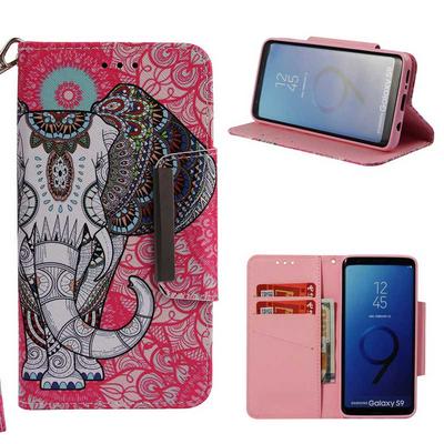 Painted Wrist Strap Style Side Flip Shockproof PU Leather + Soft TPU Card Slots with Magnetic Buckle and Stand Wallet Protective Case for Samsung Galaxy S9 - Strong Elephant