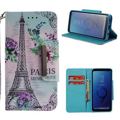 Painted Wrist Strap Style Side Flip Shockproof PU Leather + Soft TPU Card Slots with Magnetic Buckle and Stand Wallet Protective Case for Samsung Galaxy S9 - Tower