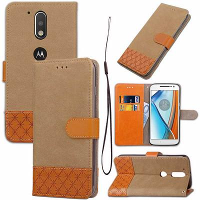 Embossed Denim Pattern Hit Color with Strap PU Leather + Soft TPU Card Holder with Stand Support Wallet and Magnetic Buckle Case for Motorola Moto G4 - Brown