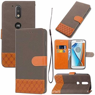 Embossed Denim Pattern Hit Color with Strap PU Leather + Soft TPU Card Holder with Stand Support Wallet and Magnetic Buckle Case for Motorola Moto G4 - Grey