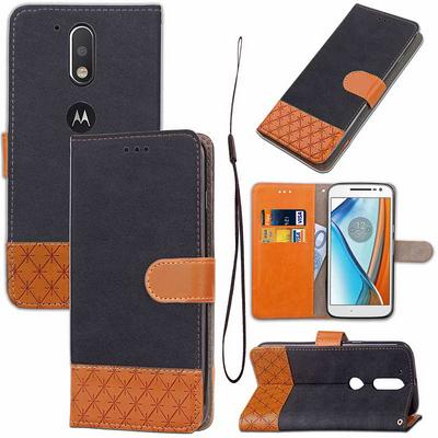 Embossed Denim Pattern Hit Color with Strap PU Leather + Soft TPU Card Holder with Stand Support Wallet and Magnetic Buckle Case for Motorola Moto G4 - Black