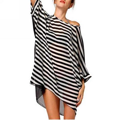 One-Size Stripe Pattern Extra Large Loose Comfortable Breathable Chiffon Batwing Sleeve Swimming Beach Bikini Cover Up Dress for Women - Black White