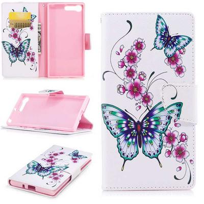Color Painting Side Flip PU Leather + Soft TPU Card Slots with Stand and Magnetic Buckle Wallet Case for Sony Xperia XZ Premium - Blue Butterflies & Peach Blossom