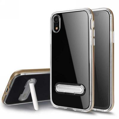Bumblebee Double Layer Transparent Soft TPU + Hard PC Bumper Frame Hybrid with Kickstand Back Cover Protective Case for iPhone XR 6.1 - Gold
