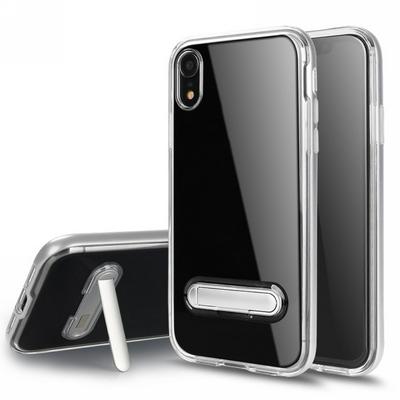 Bumblebee Double Layer Transparent Soft TPU + Hard PC Bumper Frame Hybrid with Kickstand Back Cover Protective Case for iPhone XR 6.1 - Silver