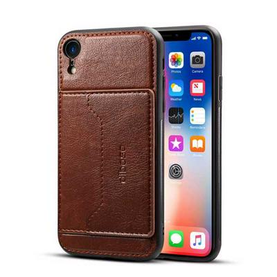 Car Hold Series Drop Protection with Card Slot and Viewing Stand PU Leather Coated PC Back Cover Phone Case for iPhone XR 6.1 - Coffee