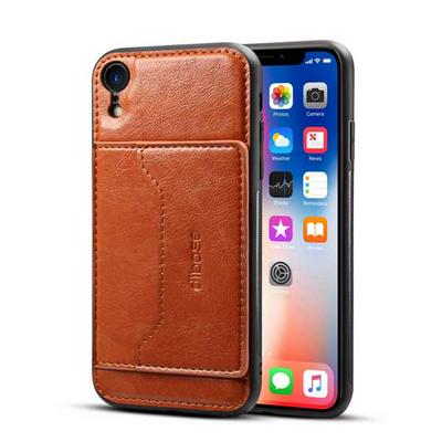Car Hold Series Drop Protection with Card Slot and Viewing Stand PU Leather Coated PC Back Cover Phone Case for iPhone XR 6.1 - Brown