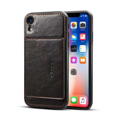 Car Hold Series Drop Protection with Card Slot and Viewing Stand PU Leather Coated PC Back Cover Phone Case for iPhone XR 6.1 - Black
