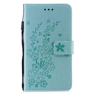 Plum Blossom Embossed Pattern Shockproof PU Leather + Soft TPU Card Slots with Wrist Strap and Stand Wallet Protective Case for iPhone XR 6.1 - Mint Green