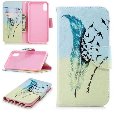 Colored Painting Card Holder Slots Wallet Style with Magnetic Buckle PU Leather + Soft TPU Case for iPhone XR 6.1 - Feather