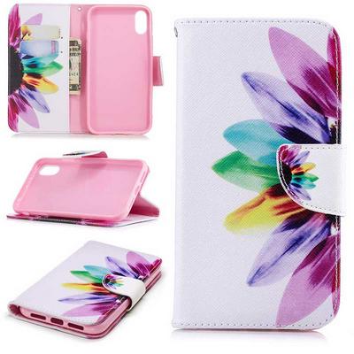 Colored Painting Card Holder Slots Wallet Style with Magnetic Buckle PU Leather + Soft TPU Case for iPhone XR 6.1 - Chrysanthemum