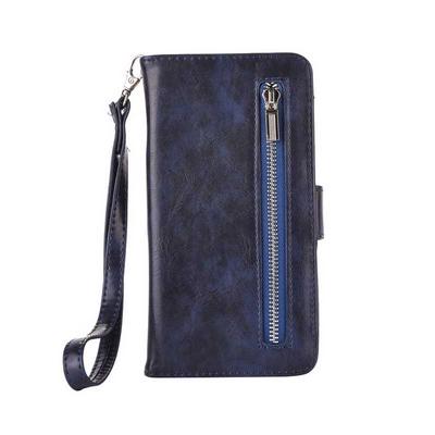 with Strap Zipper Wallet Style PU Leather + Detachable TPU Card Holder with Stand and Photo Frame Case for iPhone XR 6.1 - Navy Blue
