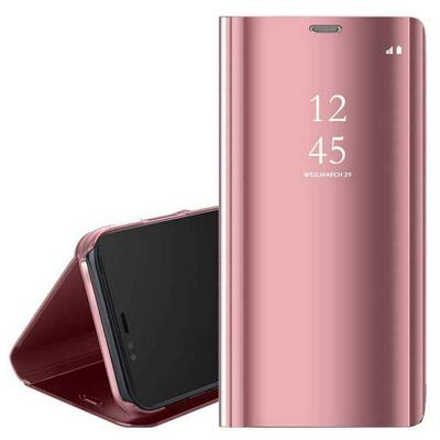 Clear View Cover Electroplated Mirror Translucent PU Leather + PC with Triangle Viewing Stand Flip Case for iPhone XR 6.1 - Rose Gold
