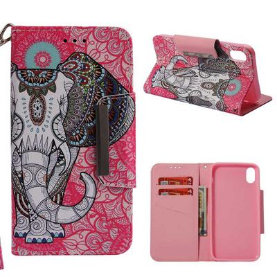 Painted Wrist Strap Style Side Flip Shockproof PU Leather + Soft TPU Card Slots with Magnetic Buckle and Stand Wallet Protective Case for iPhone XR 6.1 - Strong Elephant