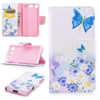 Color Painted Wallet Style Side Flip PU Leather + Soft TPU Card Slots with Stand and Magnetic Buckle Protective Phone Case for Sony Xperia XZ1 Compact - Blue Butterfly