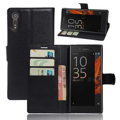 Lichee Pattern Side Flip Wallet Style PU Leather + Soft TPU Card Holder with Stand and Magnetic Buckle Case for Sony Xperia XZ F8332 / XZS - Black