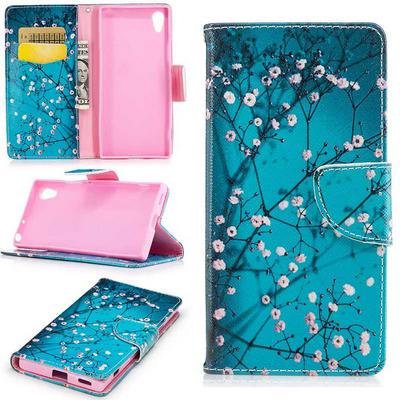 Color Painting Wallet Style PU Leather + Soft TPU Card Holder with Stand and Magnetic Buckle Case for Sony Xperia XA1 / Z6 - Pink Flower Tree