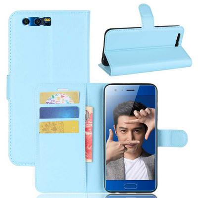 Lichee Pattern Side Flip Wallet Style PU Leather + Soft TPU Card Holder with Stand and Magnetic Buckle Case for Huawei Honor 9 - Blue