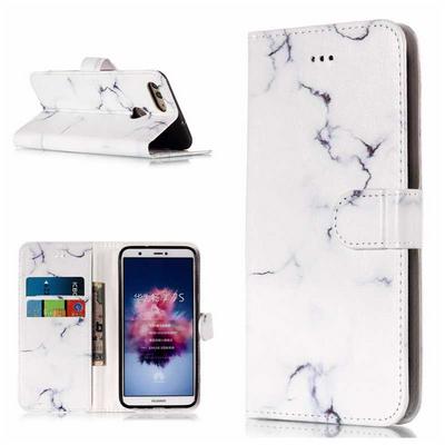 Painted Double-Sided Shockproof PU Leather + Soft TPU Card Slots with Magnetic Buckle and Stand Wallet Protective Case for Huawei P Smart / Enjoy 7S - White Marble