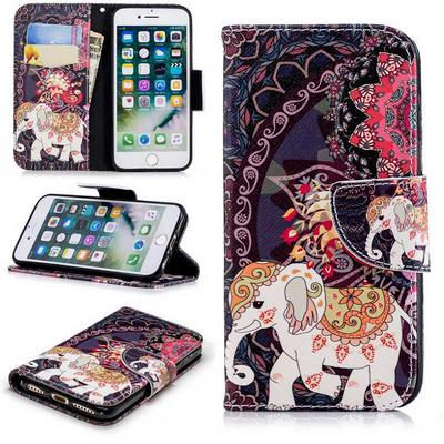 The 7th Colored Painting with Wallet Card Slots Stand Magnetic Flip PU Leather + TPU Back Cover Case for iPhone 7 / 8 - Elephant
