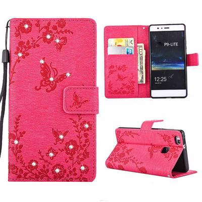 Embossed Flower Pattern Diamond Studded Wallet Style Magnetic Flip Card Holder Wrist Srap With Stand TPU + PU Leather Case for Huawei Ascend P9 Lite - Rose Red