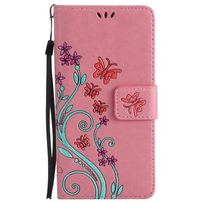 Embossed Butterflies Pattern Glitter Powder Side Flip PU Leather + Soft TPU Hand Rope with Card Slots and Magnetic Buckle Wallet Protective Case for Huawei Ascend P9 Lite / G9 Lite - Pink