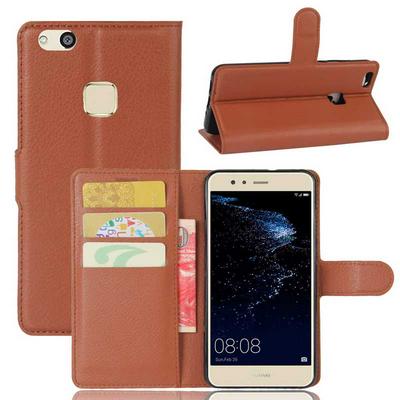 Lichee Pattern Side Flip Wallet Style PU Leather + Soft TPU Card Holder with Stand and Magnetic Buckle Case for Huawei P10 Lite - Brown