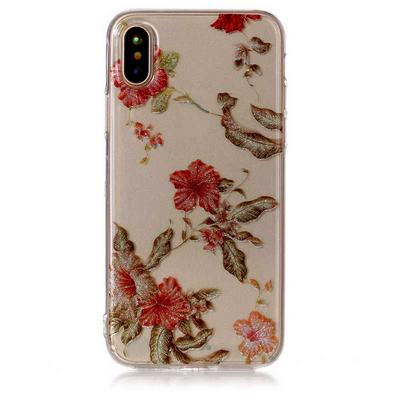 Colored Painting Transparent Soft TPU Back Cover Case for iPhone X / XS - Red Flower