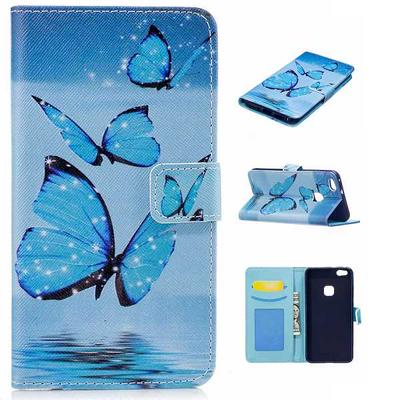 Color Painting Wallet Style PU Leather + Soft TPU Card Holder with Stand and Photo Frame Case for Huawei P10 Lite - Blue Butterfly