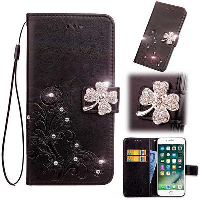 Lucky Four-Leaf Clover Embossed Pattern Rhinestone PU Leather + Soft TPU Stand with Hand Rope and Shining Four-Leaf Clover Magnetic Buckle Wallet Case for Huawei P10 Lite - Black