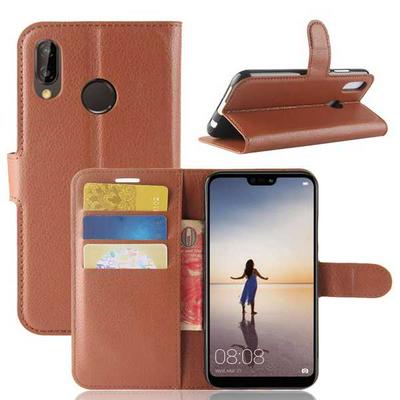 Litchi Pattern Wallet Stand Card Holder Slots PU Leather + TPU Protective Cover Case for Huawei P20 Lite Nova 3e - Brown
