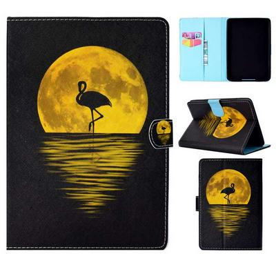 Painted Side Flip PU Leather + Soft TPU Card Slots with Stand and Magnetic Buckle Wallet Protective Case for Amazon Kindle Paperwhite 1 2 3 - Moon and Flamingo