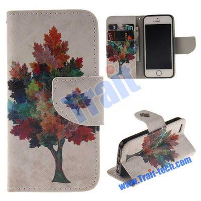 Cross Pattern Wallet Style Magnetic Flip Stand TPU+ PU Leather Case for iPhone 5S 5 - Colorized Leaf