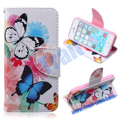 Wallet Style Card Holder Magnetic Flip Stand TPU+ PU Leather Case for iPhone 5/ 5s White and Blue Butterfly