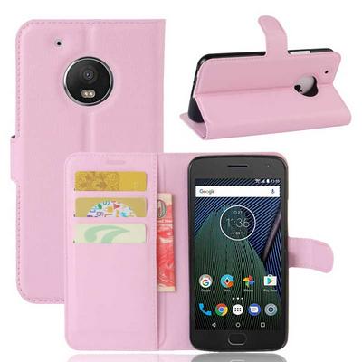 Side Flip Card Holder Slots Wallet Style with Magnetic Buckle PU Leather + Soft TPU Case for Motorola Moto G5 Plus - Pink