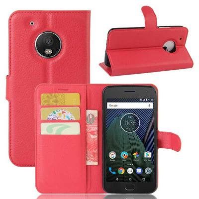 Side Flip Card Holder Slots Wallet Style with Magnetic Buckle PU Leather + Soft TPU Case for Motorola Moto G5 Plus - Red