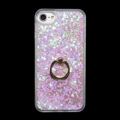 Hard PC + TPU Back Cover Case with Ring Kickstand and Liquid Bling Glitter Power for iPhone 7 - Light Pink