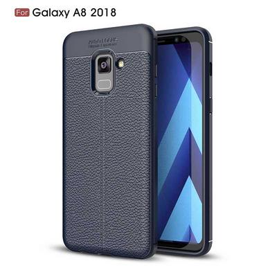 Skin Pattern PU Leather Coated Solid Color TPU Black Cover Case for Samsung Galaxy A8 (2018) / A530 - Navy blue