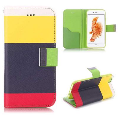 Rainbow Stripes Wallet Style TPU + PU Leather Magnetic Flip Stand Case for iPhone 7 - Black + Yellow + Red