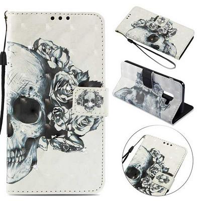 3D Diamond Studded Wrist Strap PU Leather + Soft TPU Card Slots with Wallet Stand Protecting Cover Case for Samsung Galaxy A8 (2018) / A530 - Skull