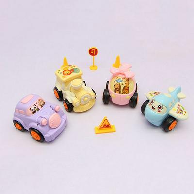 4 Pieces 6601 Resistance to Fall Lovely Mini Funny Cartoon Children Puzzle Inertial Train Car Airplane Toys with Signpost for Children Under 14 Years Old