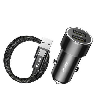 Baseus Universal 3.4A Metal Dual USB Car Charger with Type-C Charging Cable Phone Fast Charge  
