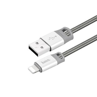 HOCO U27 Golden Shield 8 Pin 1.2m 2.4A USB Charging Data Cable with Stainless Steel Spring Outer Braid and Aluminum Alloy Connector for iPhone - Silver
