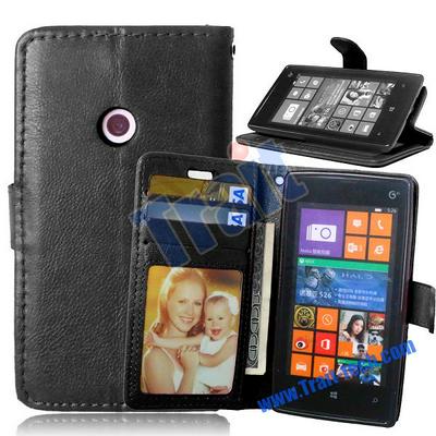 Wallet Style Soft TPU+ PU Leather Antiscratch Full Body With Stand Case for Nokia Lumia 520 (525) - Black