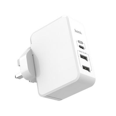 HOCO C32B Dual USB & Single Type-C 29W UK Folding Plug Multiple Circuit Protection Support QC2.0 / QC3.0 Xpress PD Wall Charger for Smartphone - White   