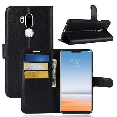 Litchi Pattern Wallet Stand Card Holder Slots PU Leather + TPU Protective Cover Case for LG G7 - Black